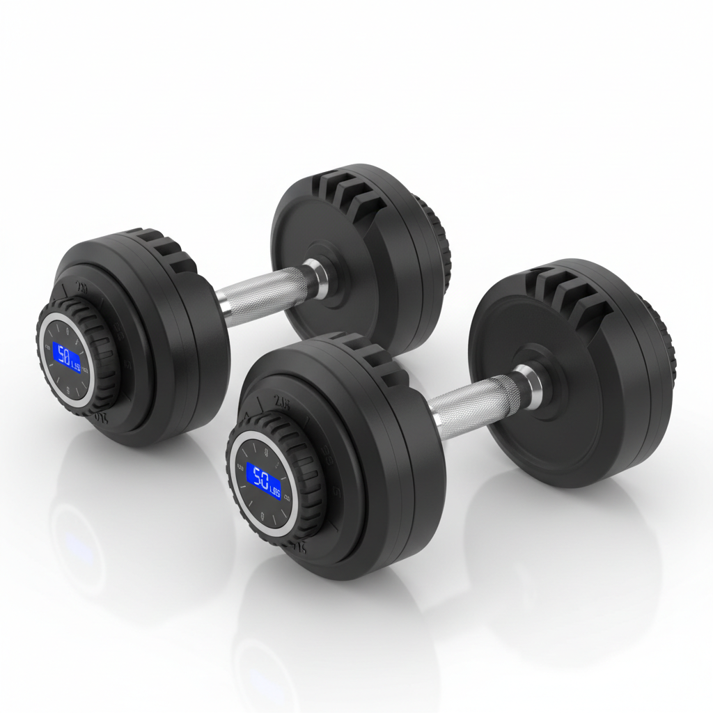 Adjustable dumbbell set with chrome and black finish and dial mechanism