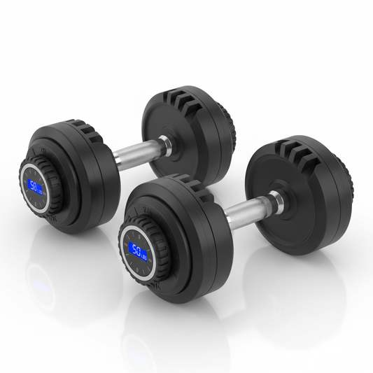 Adjustable dumbbell set with chrome and black finish and dial mechanism