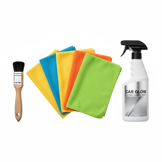 Car microfiber cleaning kit with cloths, brush and spray bottle