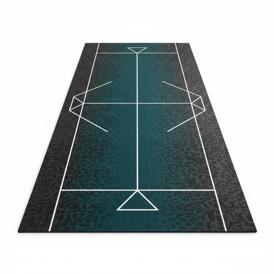 Premium teal non-slip yoga mat with alignment lines on white background