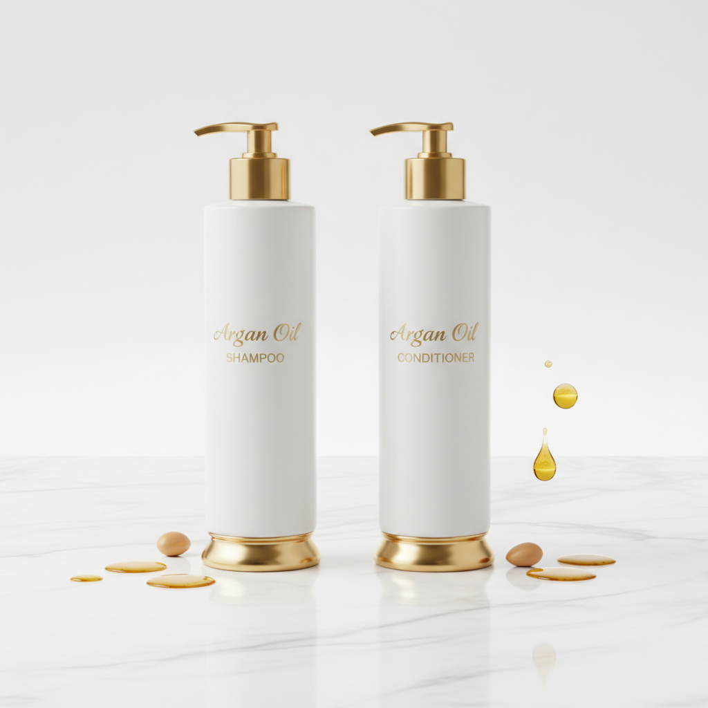 Argan Oil Nourishing Shampoo and Conditioner Set in gold and white bottles