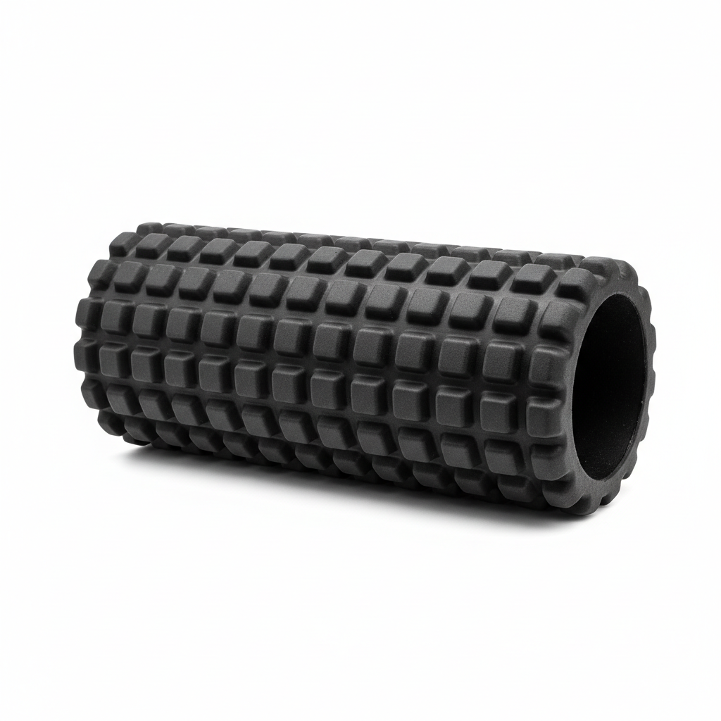 High-density black textured foam roller for muscle recovery on white background