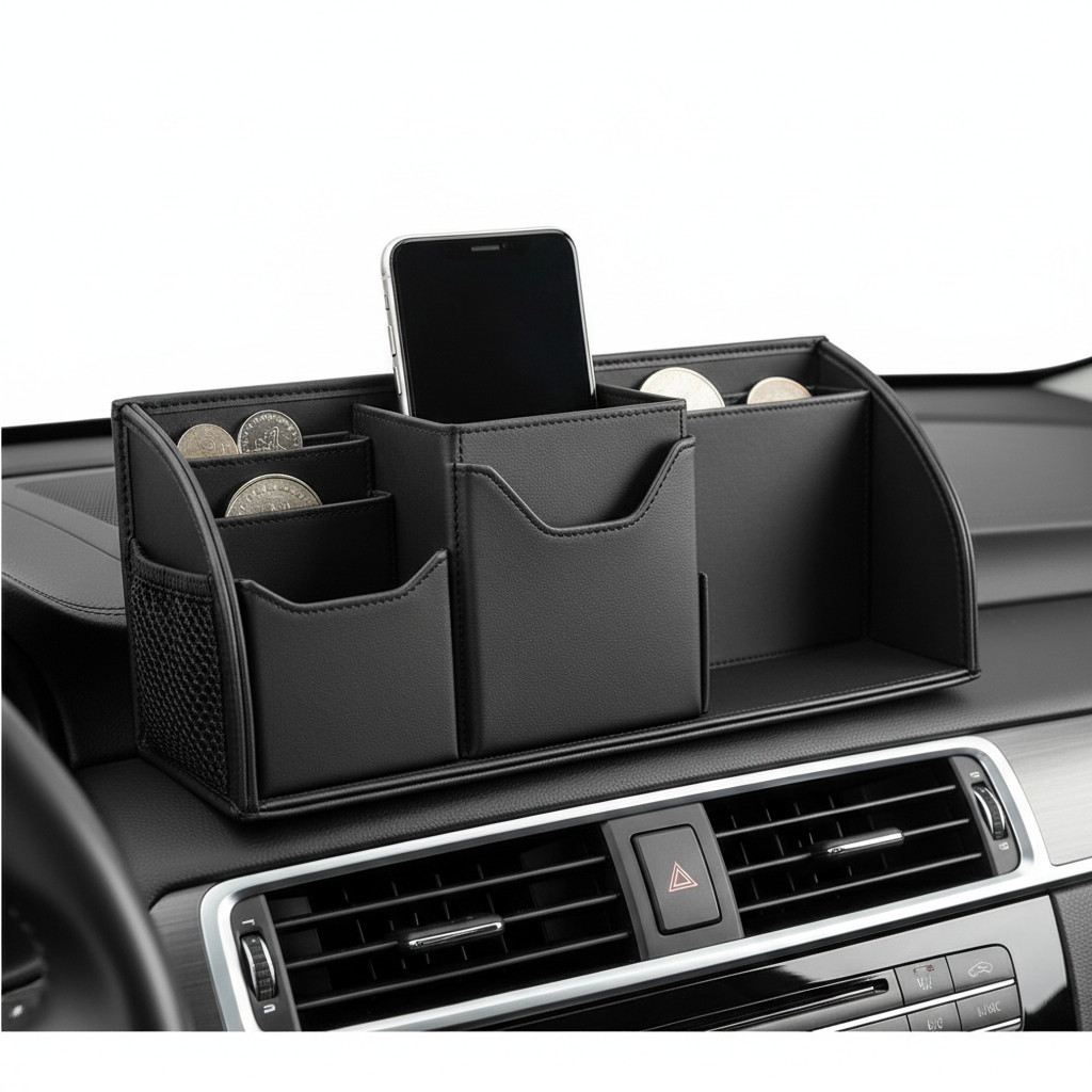 Premium Car Dashboard Organizer in black leatherette